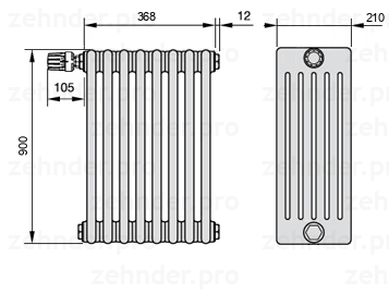 Схема (чертеж) Радиатор Zehnder Charleston 6090/8 №V012 Белый глянцевый RAL 9016